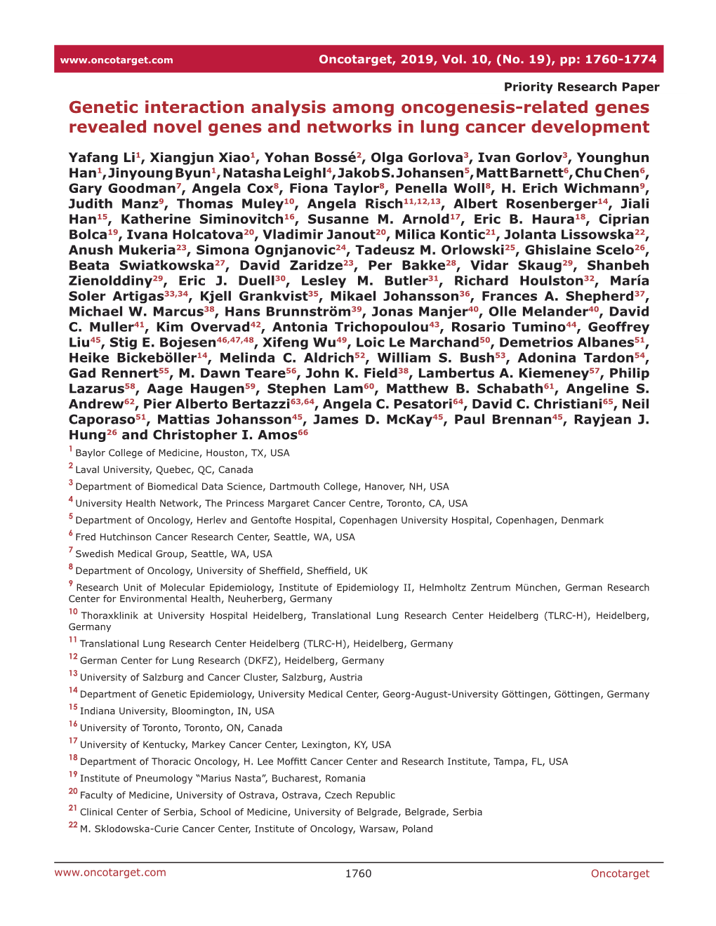 Genetic Interaction Analysis Among Oncogenesis-Related Genes Revealed Novel Genes and Networks in Lung Cancer Development