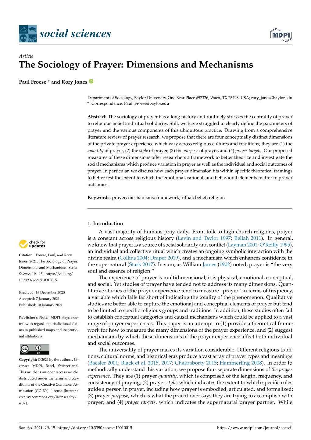 The Sociology of Prayer: Dimensions and Mechanisms