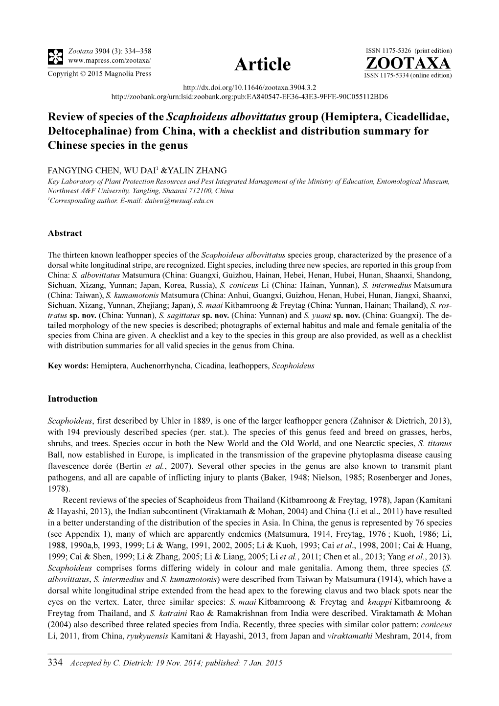 Review of Species of the Scaphoideus Albovittatus Group