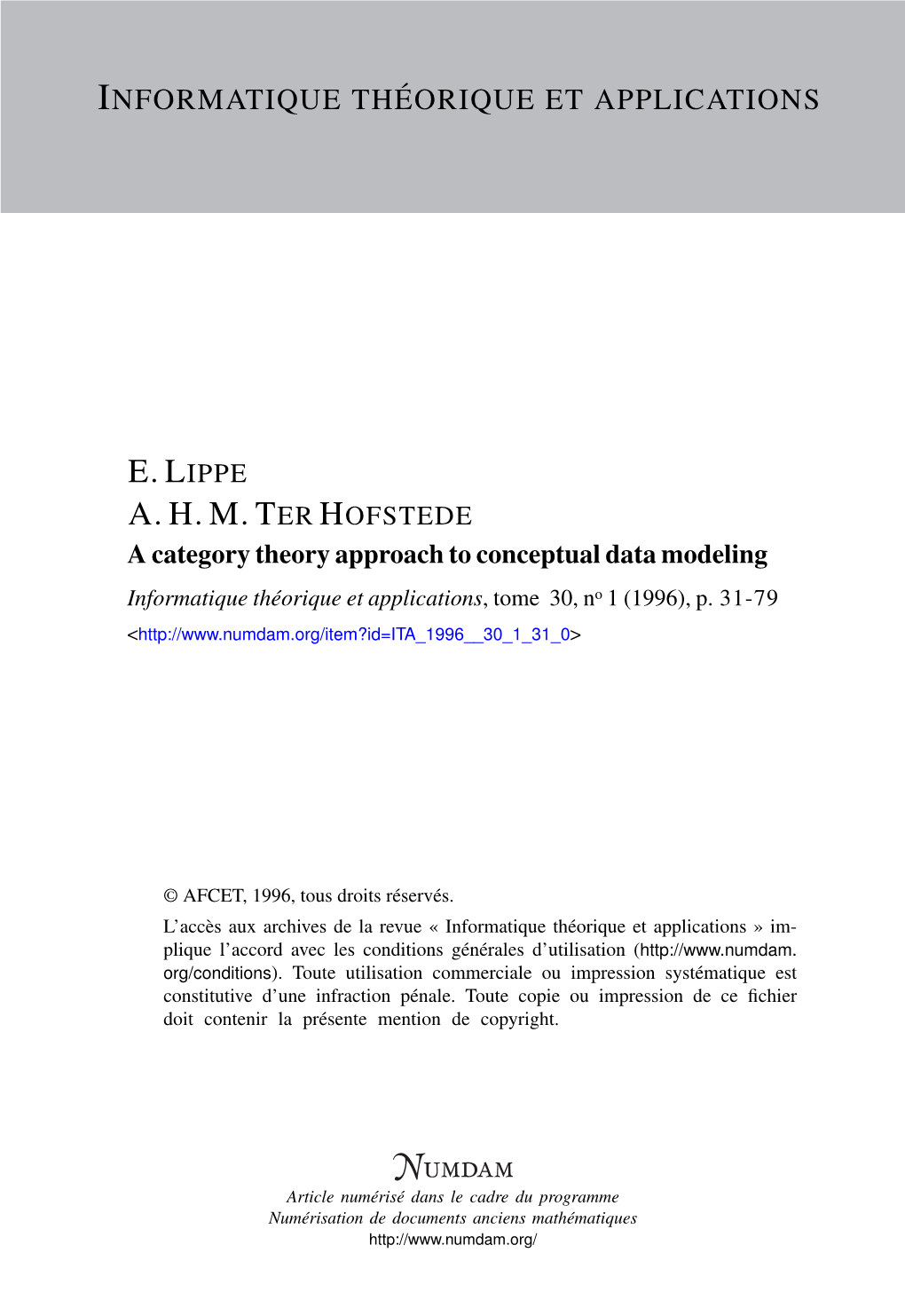 A Category Theory Approach to Conceptual Data Modeling Informatique Théorique Et Applications, Tome 30, No 1 (1996), P