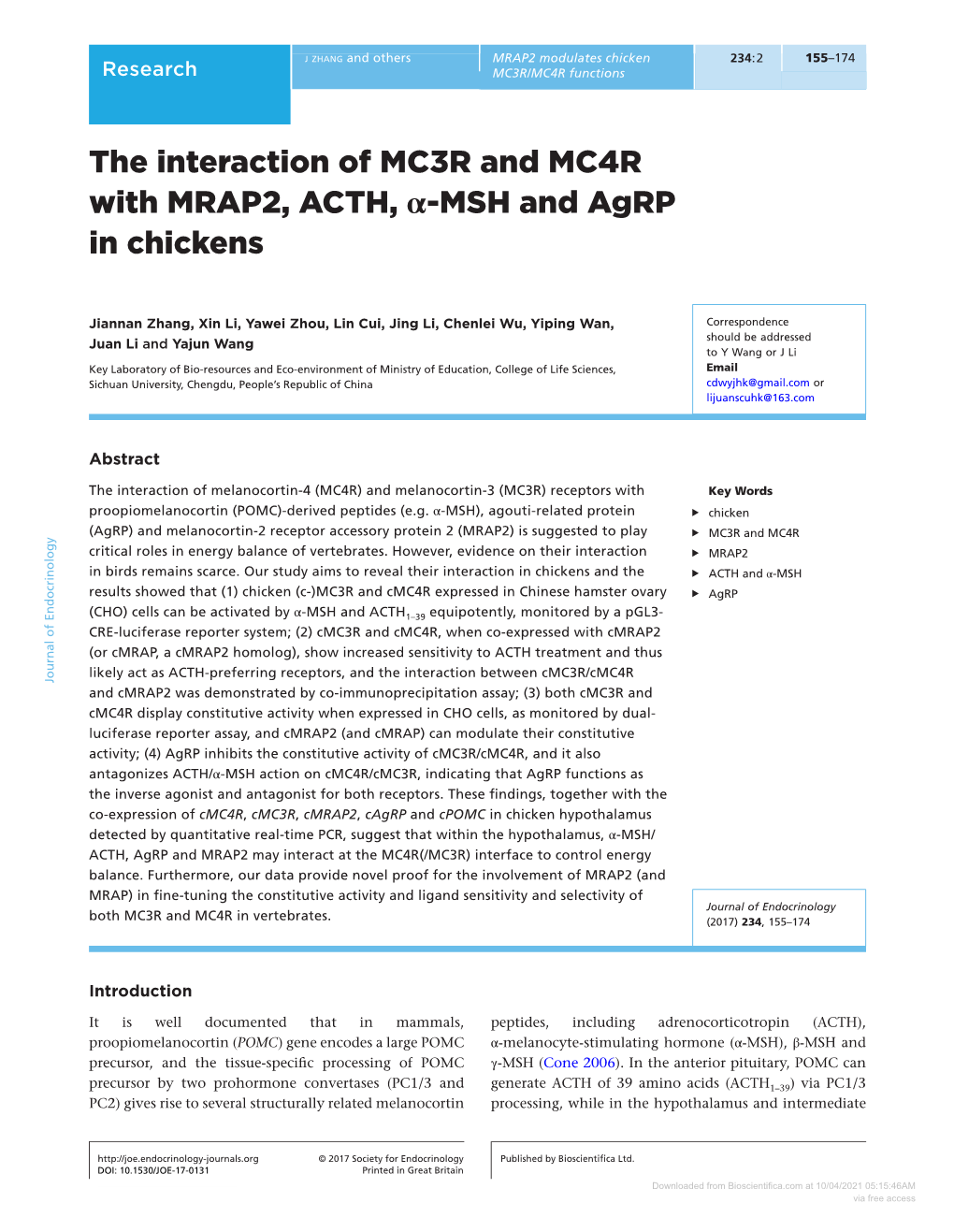 The Interaction of MC3R and MC4R with MRAP2, ACTH, Α-MSH and Agrp in Chickens