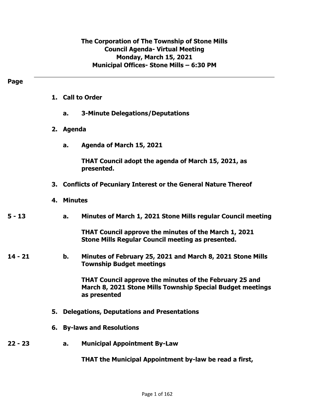 Council Agenda- Virtual Meeting Monday, March 15, 2021 Municipal Offices- Stone Mills – 6:30 PM