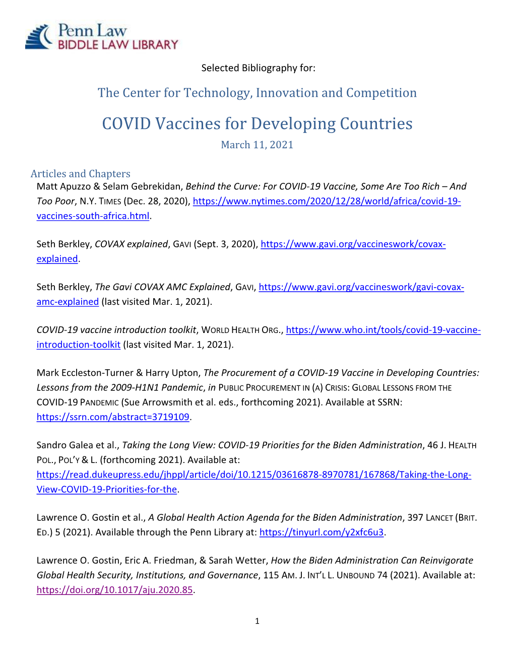 Selected Bibliography for Center for Technology, Innovation And