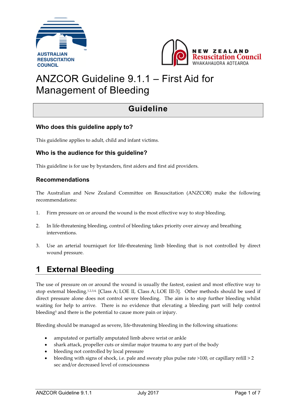 ANZCOR Guideline 9.1.1 – First Aid for Management of Bleeding