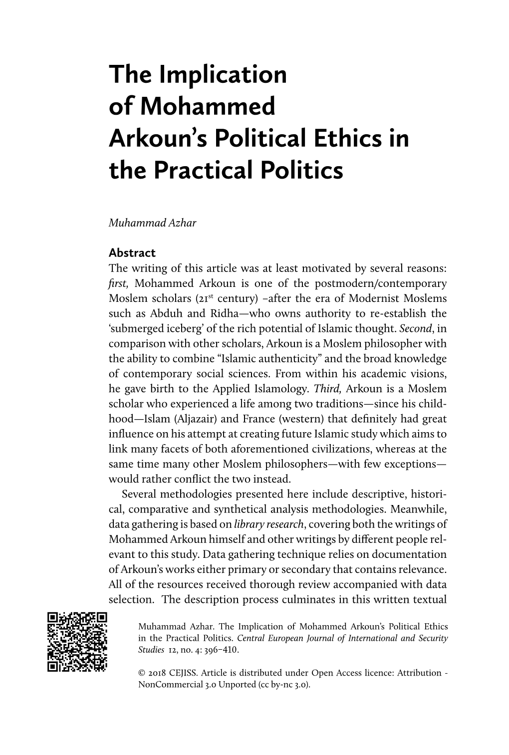 The Implication of Mohammed Arkoun's Political Ethics in the Practical Politics