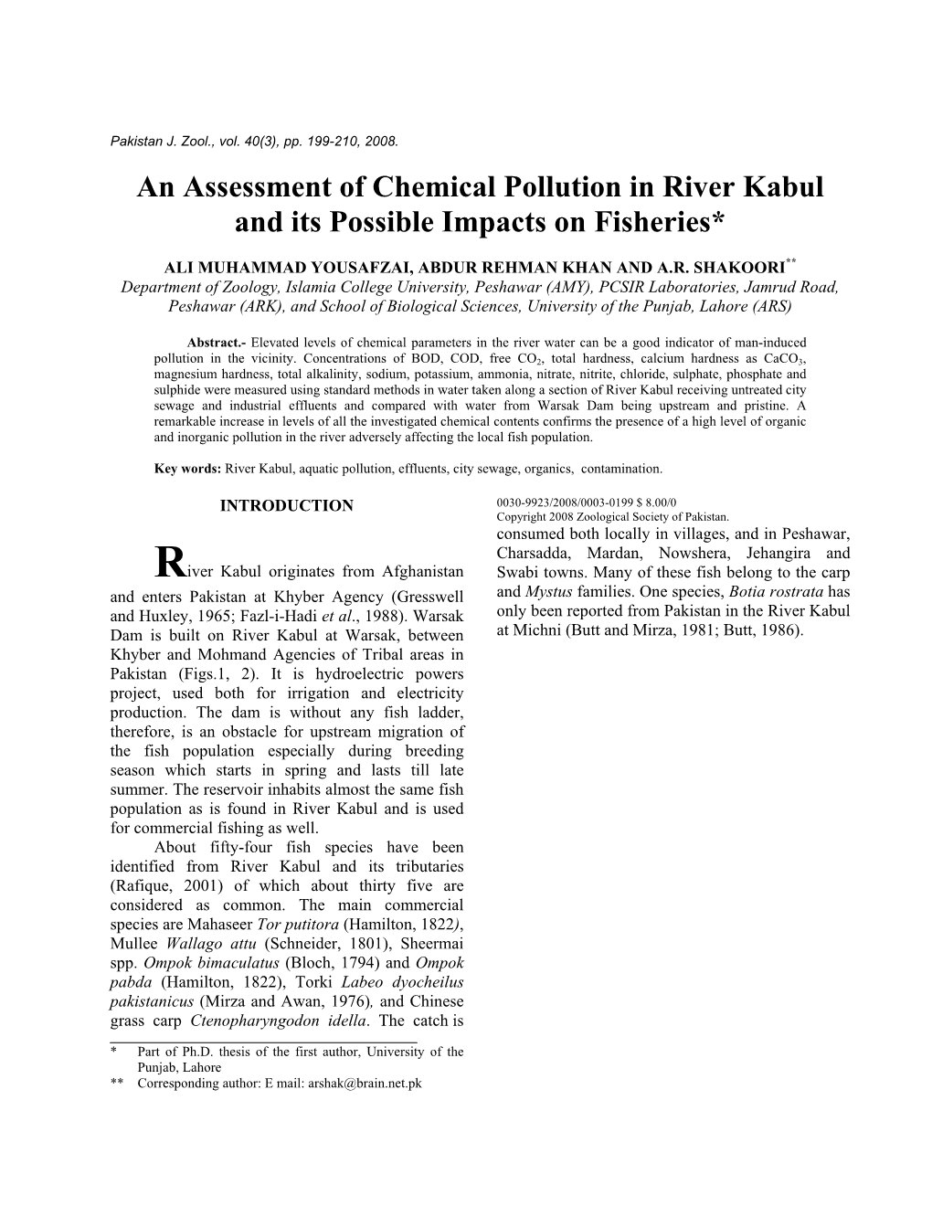 An Assessment of Chemical Pollution in River Kabul and Its Possible Impacts on Fisheries*