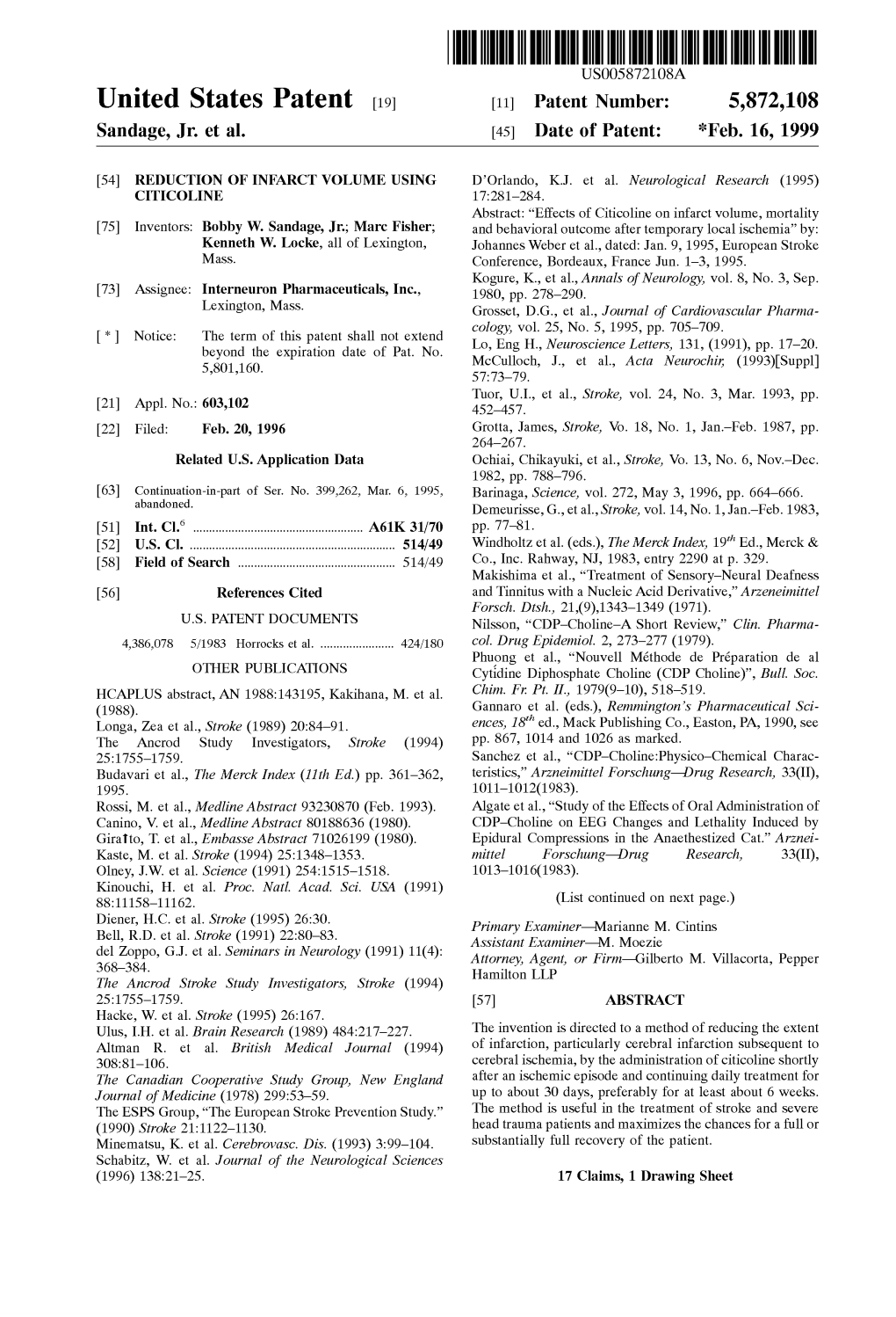 United States Patent (19) 11 Patent Number: 5,872,108 Sandage, Jr