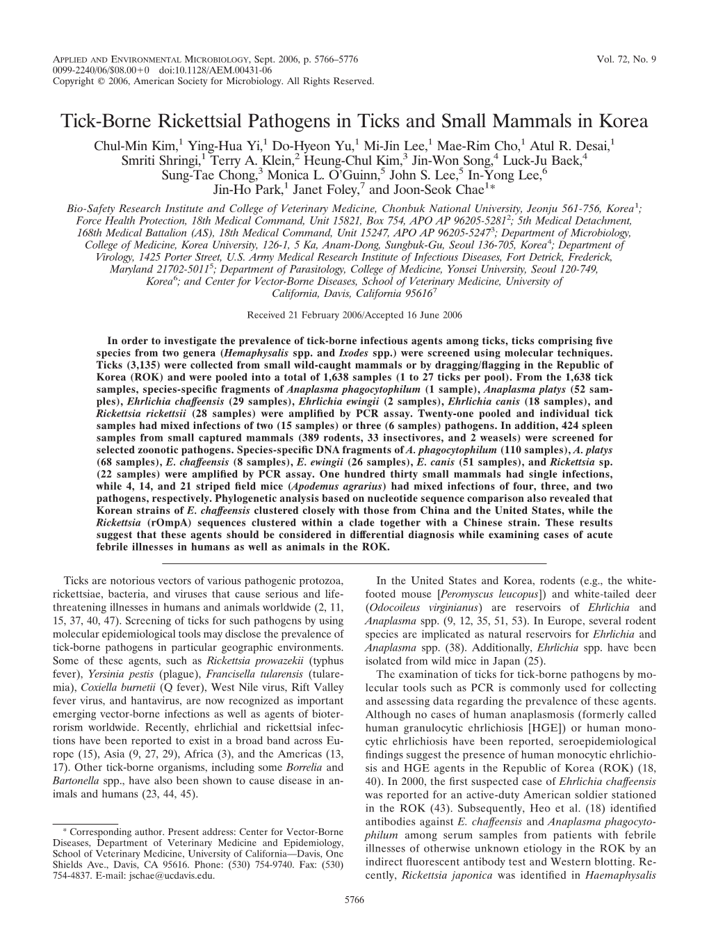 Tik-Borne Rickettsial Pathogens in Ticks and Small Mammals in Korea