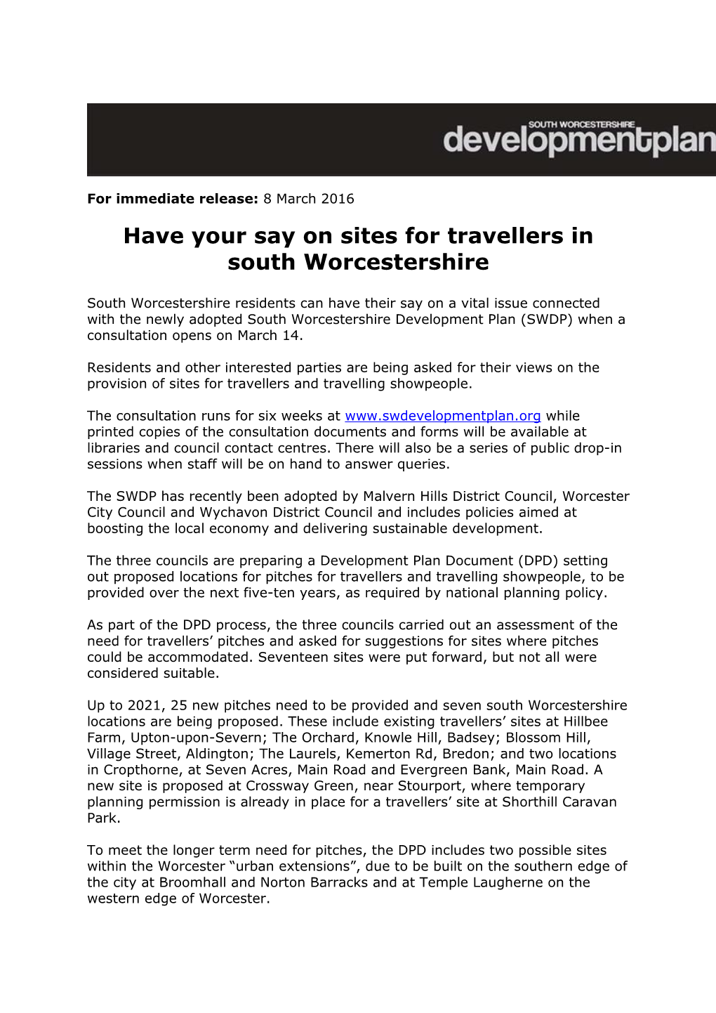 Have Your Say on Sites for Travellers in South Worcestershire