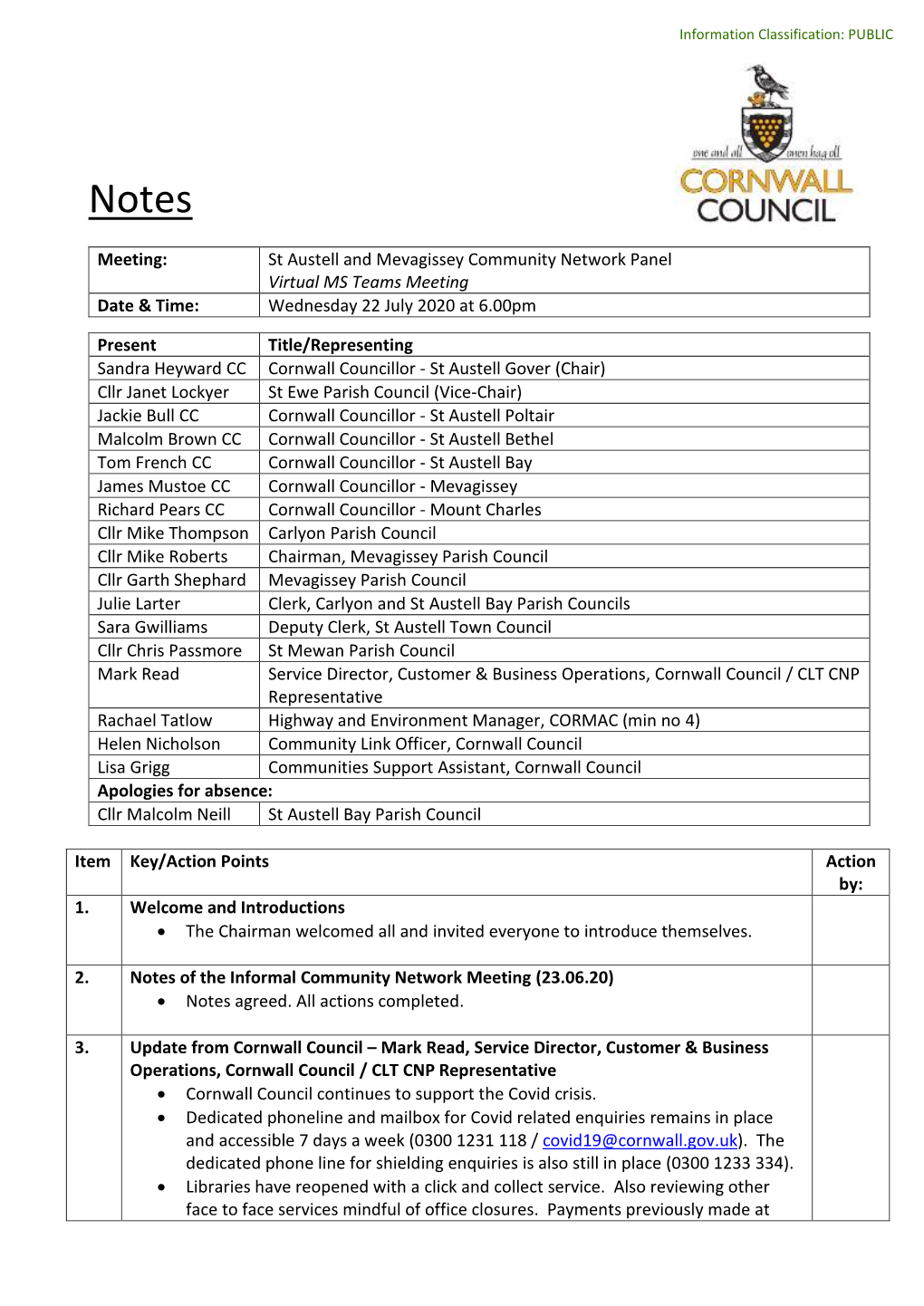 Meeting: St Austell and Mevagissey Community Network Panel Virtual MS Teams Meeting Date & Time: Wednesday 22 July 2020 at 6.00Pm