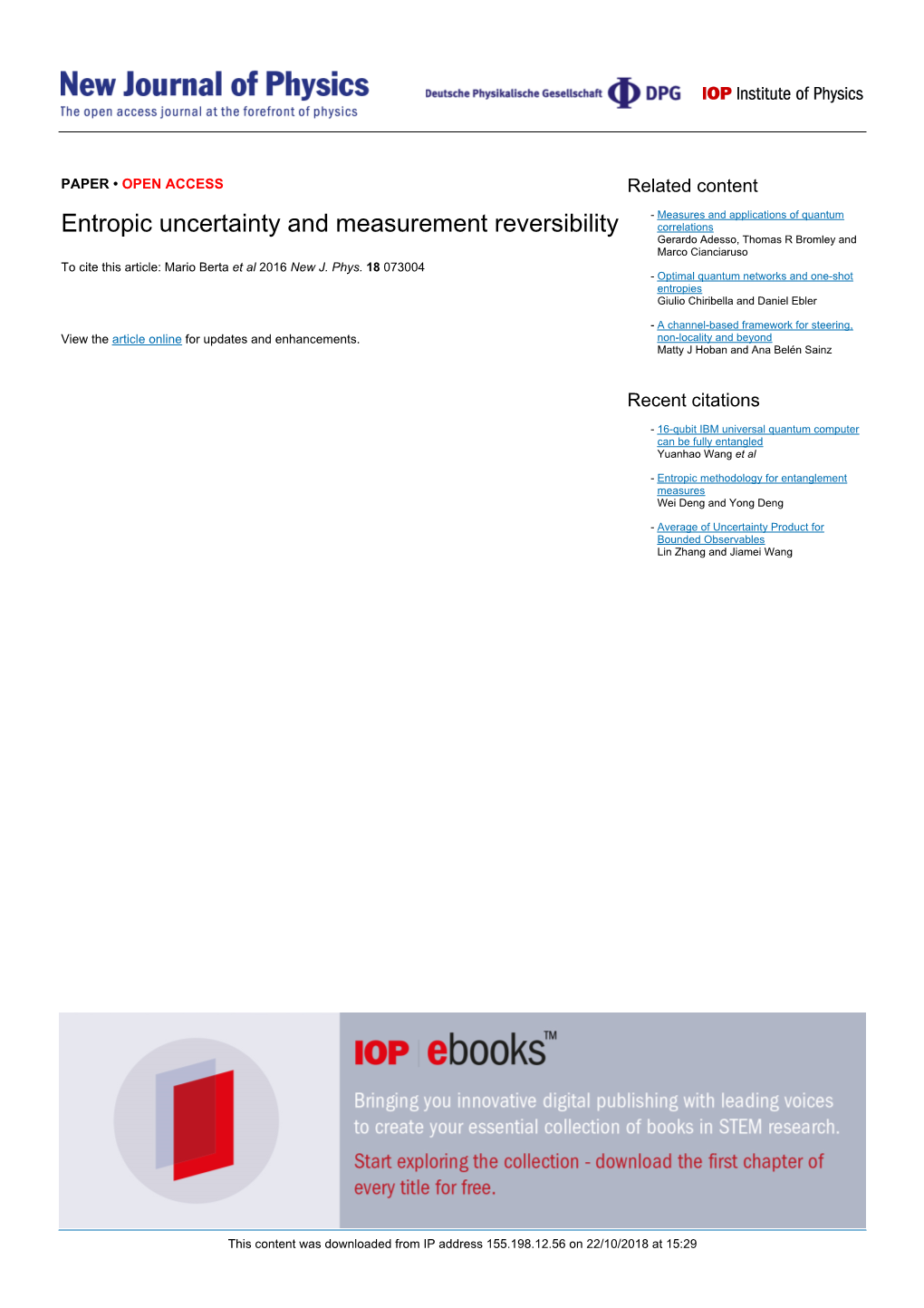 Entropic Uncertainty and Measurement Reversibility