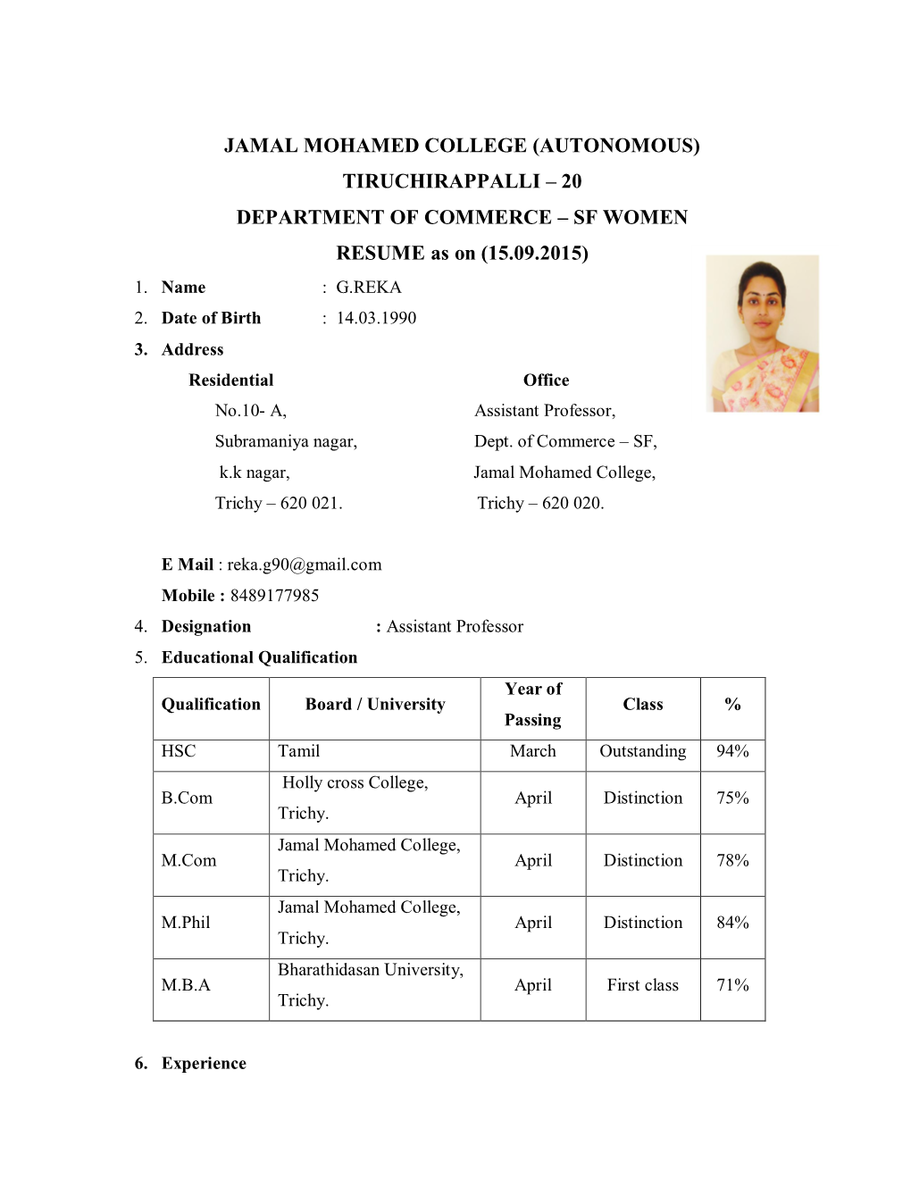 20 DEPARTMENT of COMMERCE – SF WOMEN RESUME As on (15.09.2015) 1