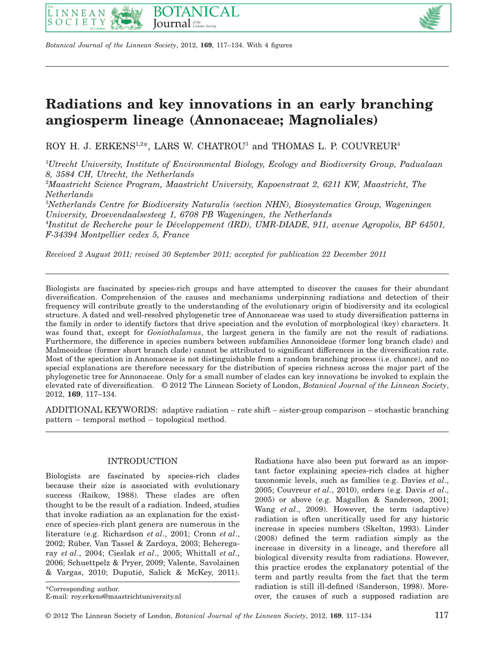 Radiations and Key Innovations in an Early Branching Angiosperm Lineage (Annonaceae; Magnoliales)