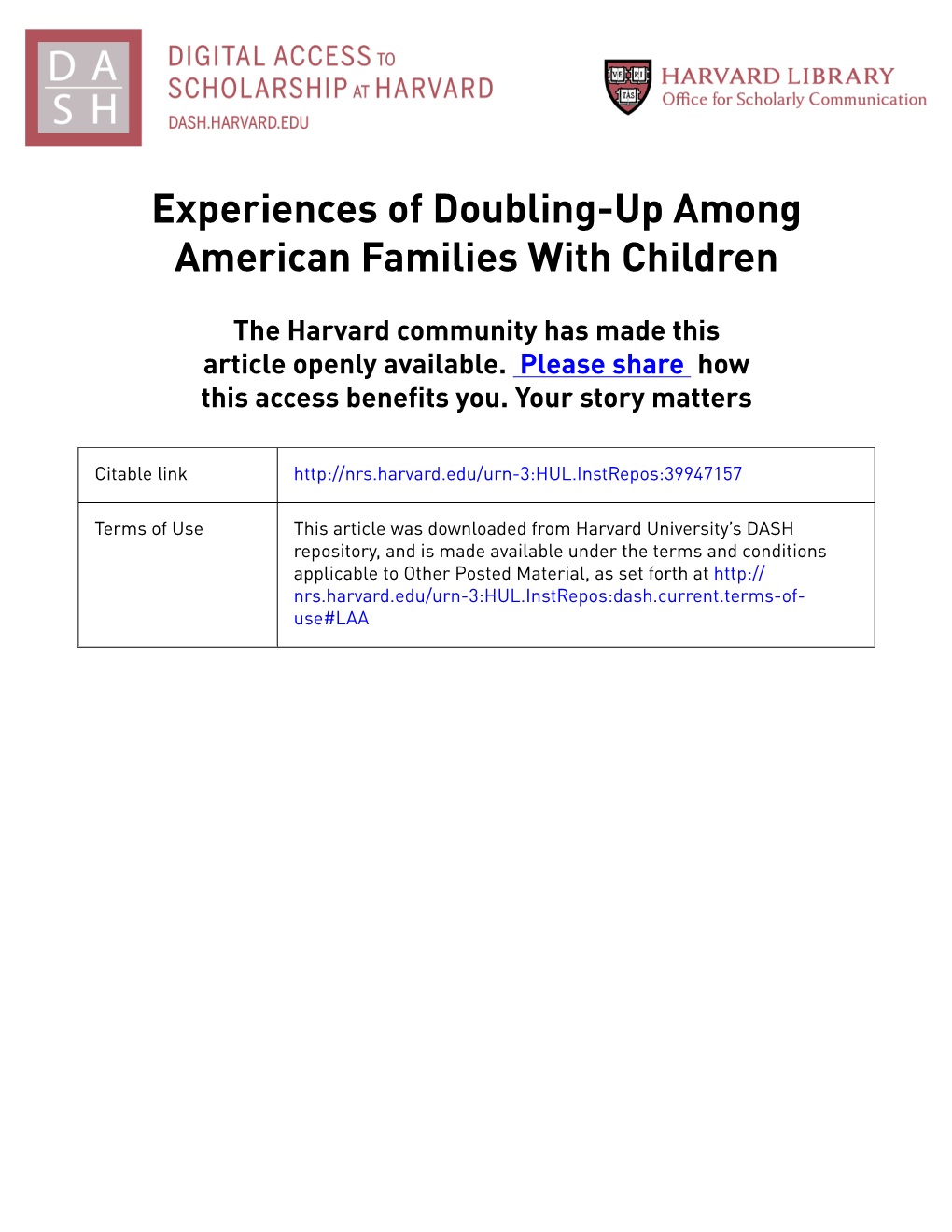 Experiences of Doubling-Up Among American Families with Children