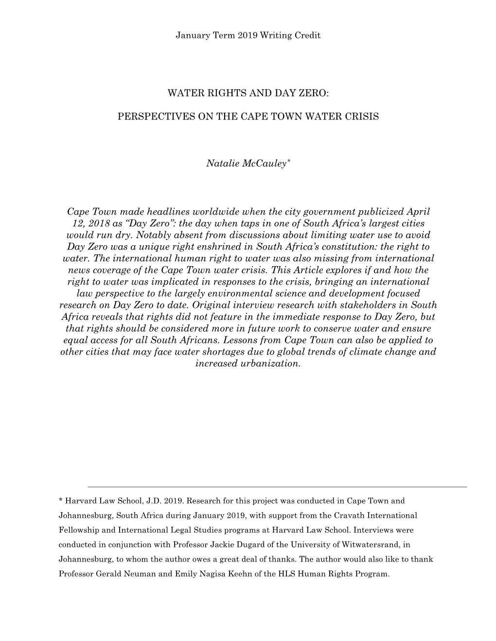 Water Rights and Day Zero: Perspectives on the Cape