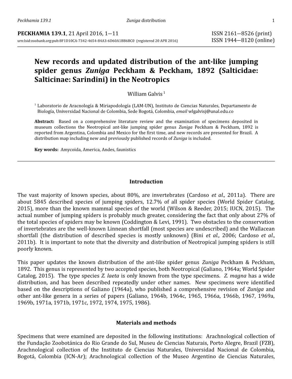 Salticidae: Salticinae: Sarindini) in the Neotropics