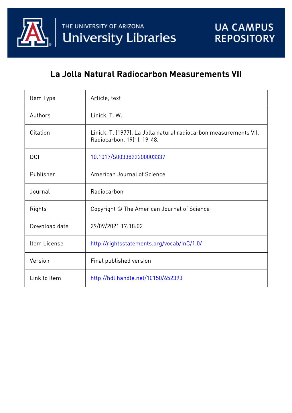 La Jolla Natural Radiocarbon Measurements Vii T W Linick