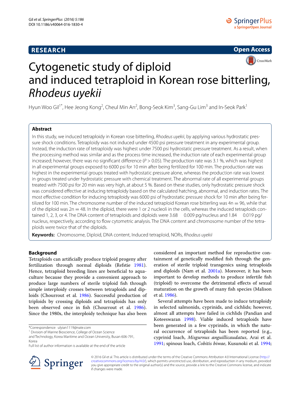 Cytogenetic Study of Diploid and Induced Tetraploid in Korean Rose Bitterling, Rhodeus Uyekii