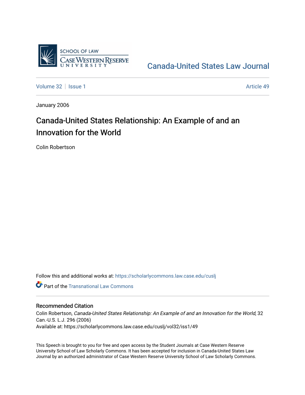 Canada-United States Relationship: an Example of and an Innovation for the World