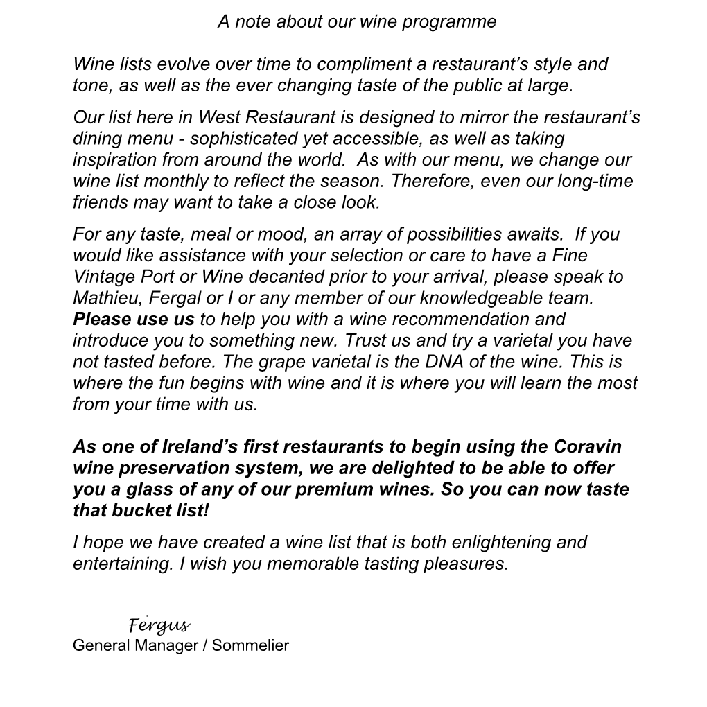 A Note About Our Wine Programme