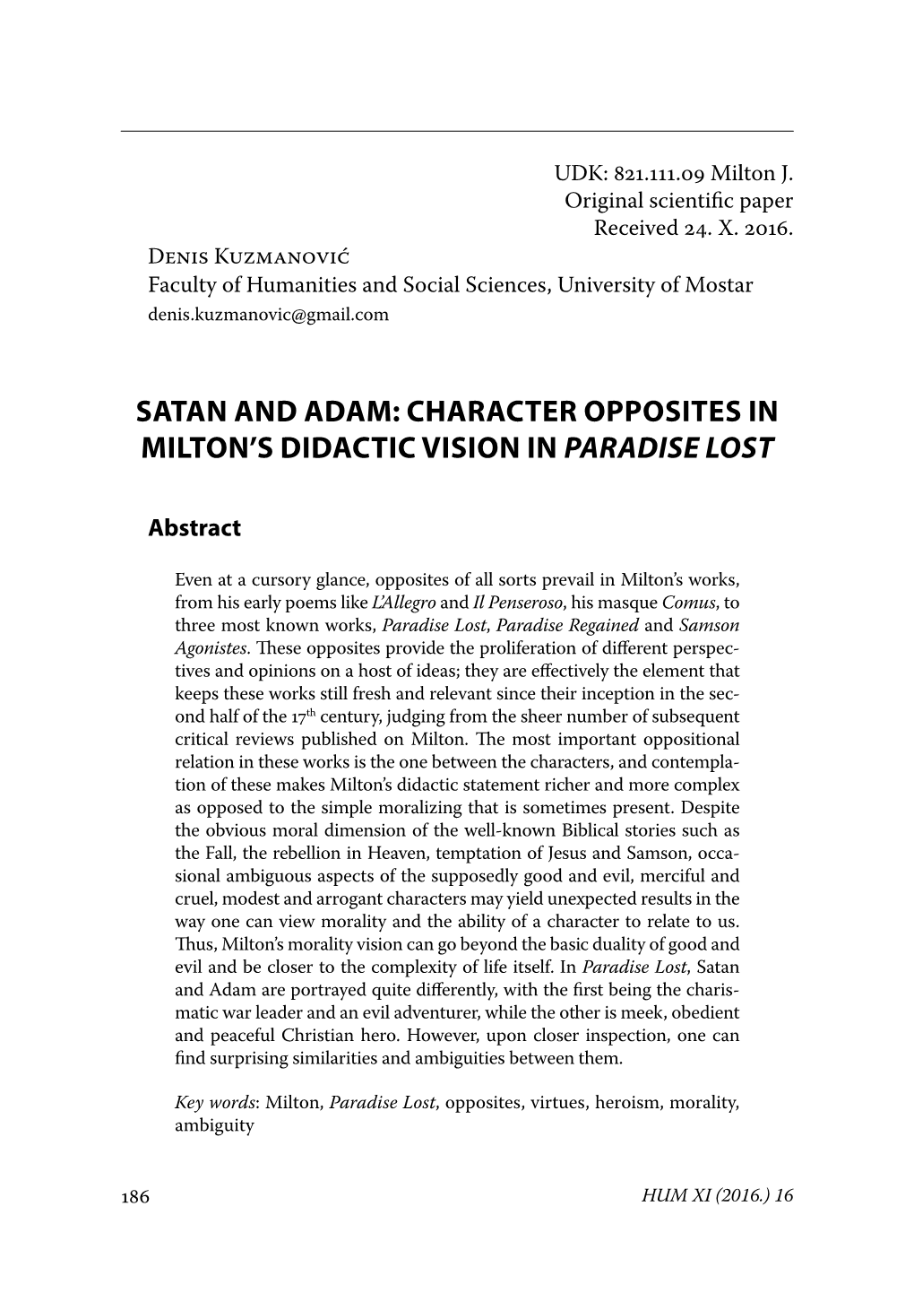 Satan and Adam: Character Opposites in Milton's