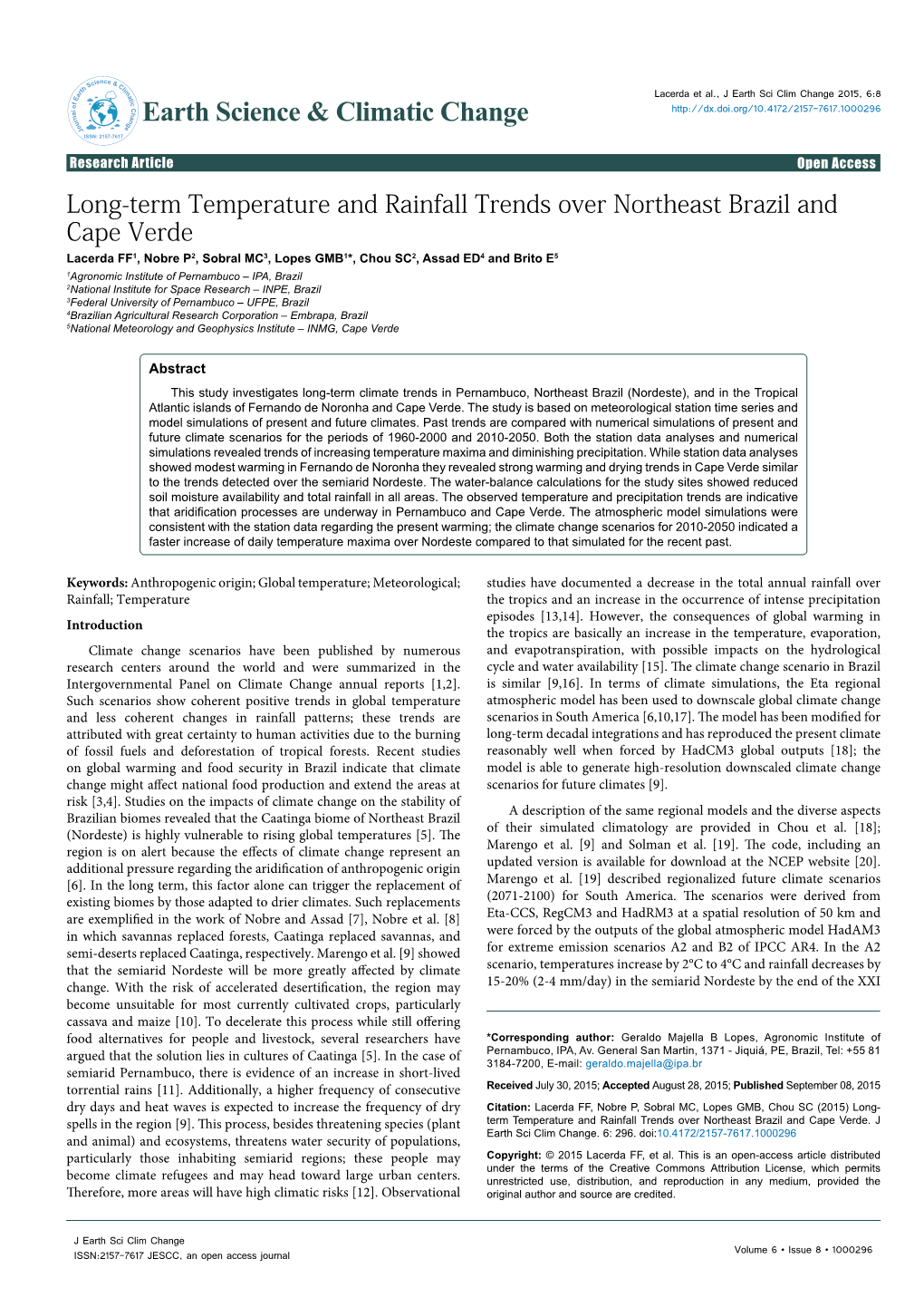 Long-Term Temperature and Rainfall Trends Over Northeast Brazil And