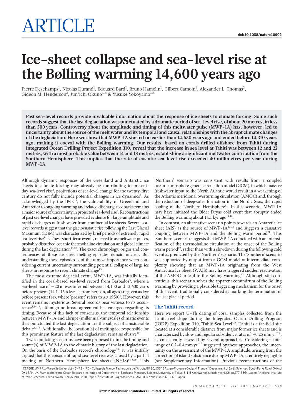 Ice-Sheet Collapse and Sea-Level Rise at the Bølling Warming 14,600 Years Ago