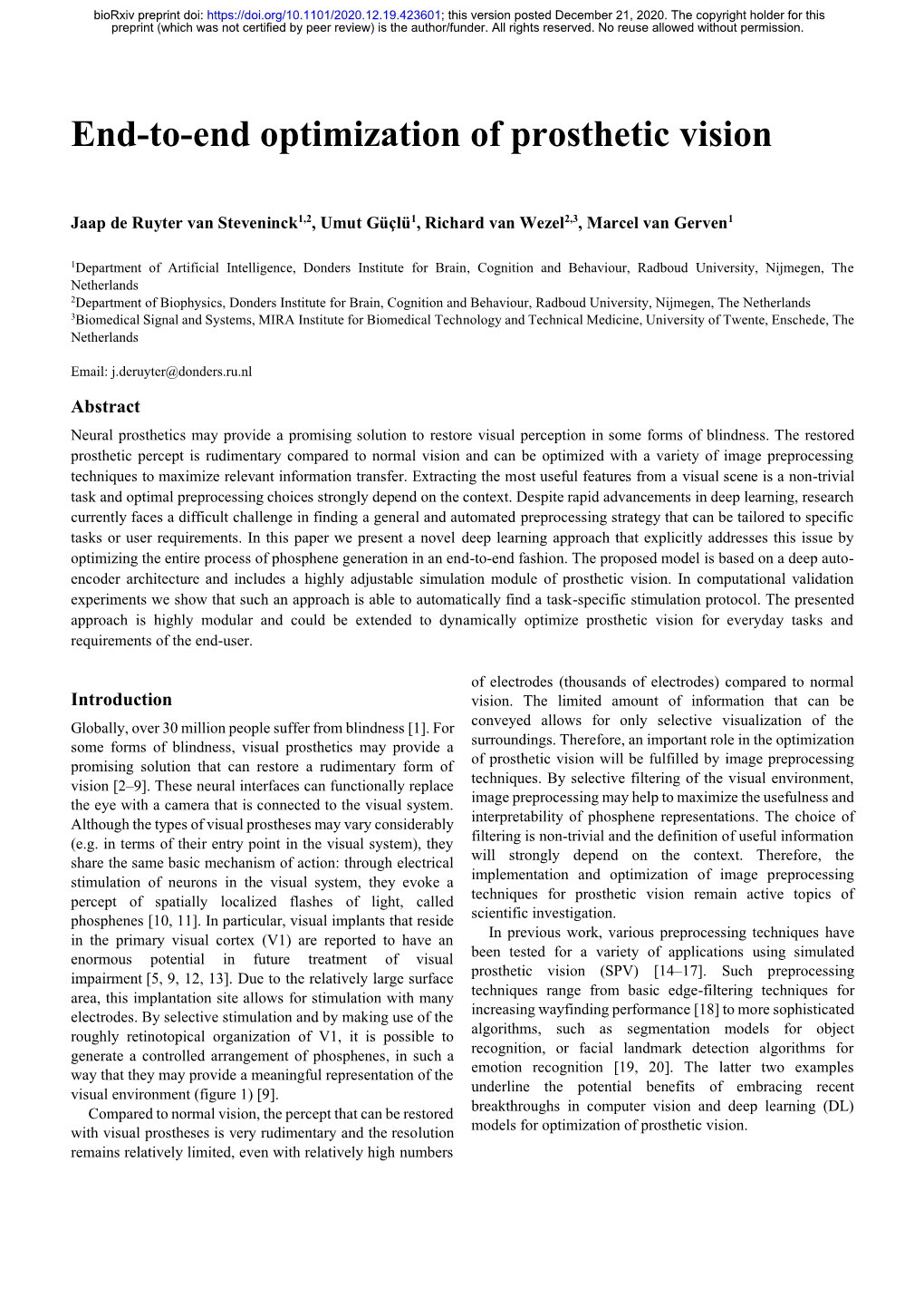 End-To-End Optimization of Prosthetic Vision