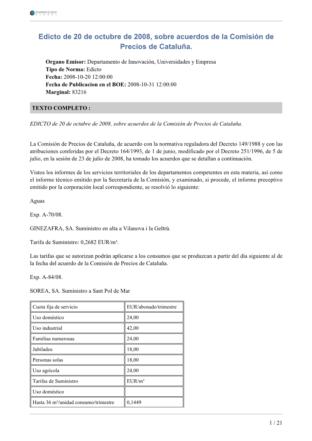 Edicto De 20 De Octubre De 2008, Sobre Acuerdos De La Comisión De Precios De Cataluña