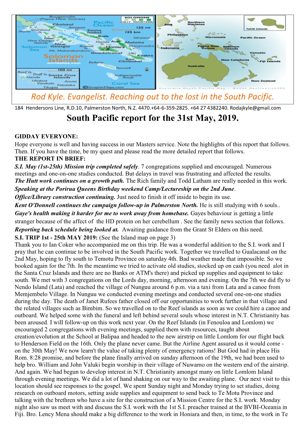 South Pacific Report for the 31St May, 2019