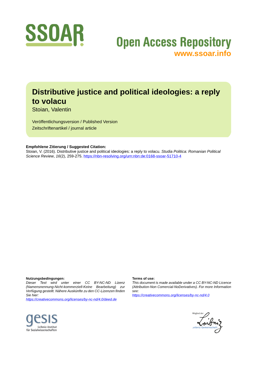 Distributive Justice and Political Ideologies: a Reply to Volacu Stoian, Valentin