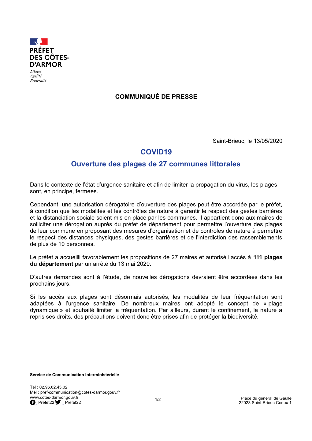 COVID19 Ouverture Des Plages De 27 Communes Littorales