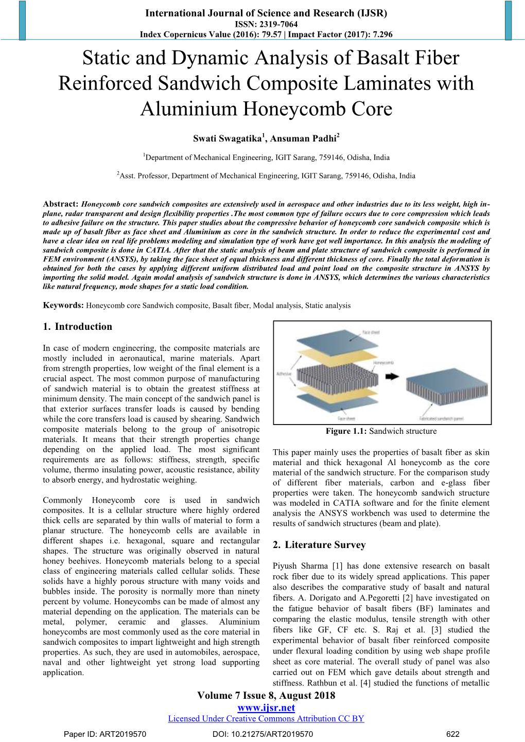 Static and Dynamic Analysis of Basalt Fiber Reinforced Sandwich Composite Laminates with Aluminium Honeycomb Core