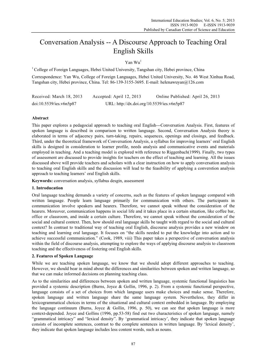 A Discourse Approach to Teaching Oral English Skills