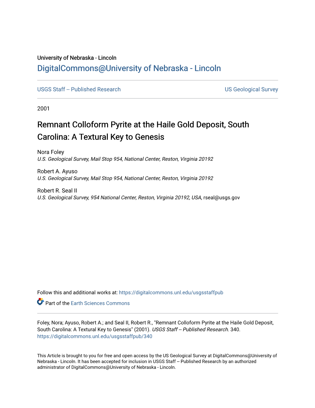 Remnant Colloform Pyrite at the Haile Gold Deposit, South Carolina: a Textural Key to Genesis