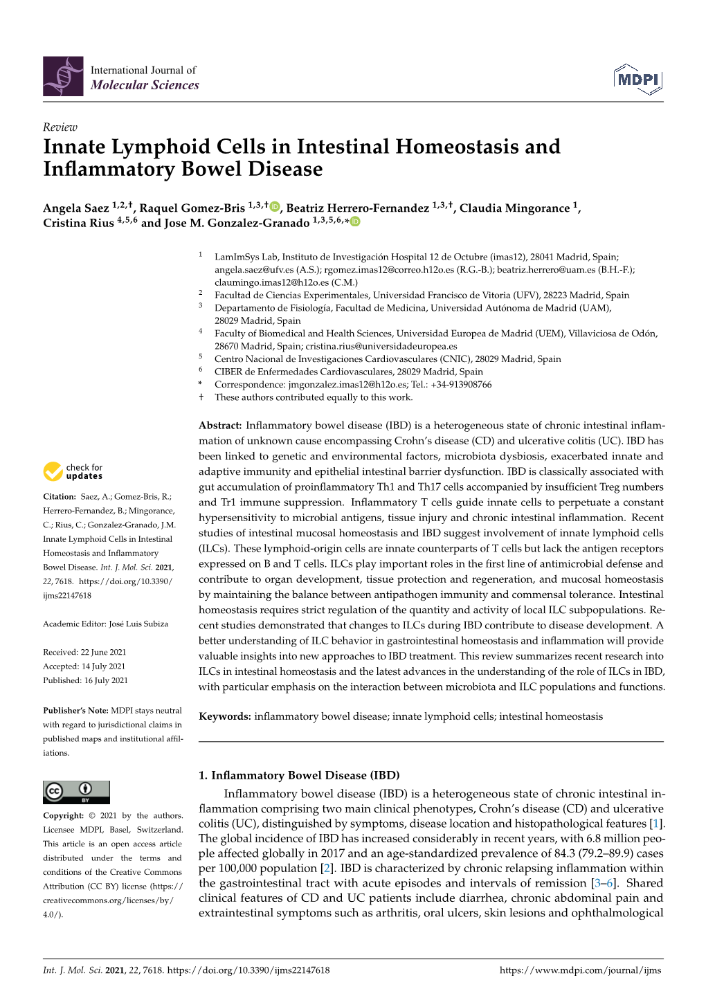 Innate Lymphoid Cells in Intestinal Homeostasis and Inflammatory