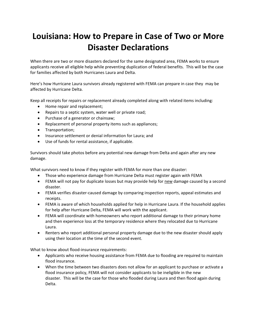 Louisiana: How to Prepare in Case of Two Or More Disaster Declarations