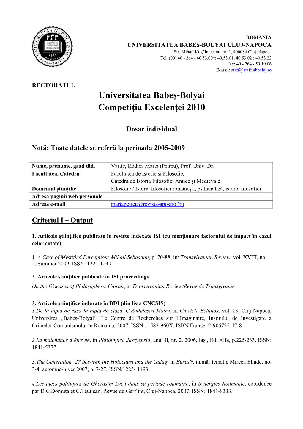 Universitatea Babeş-Bolyai Competiţia Excelenţei 2010