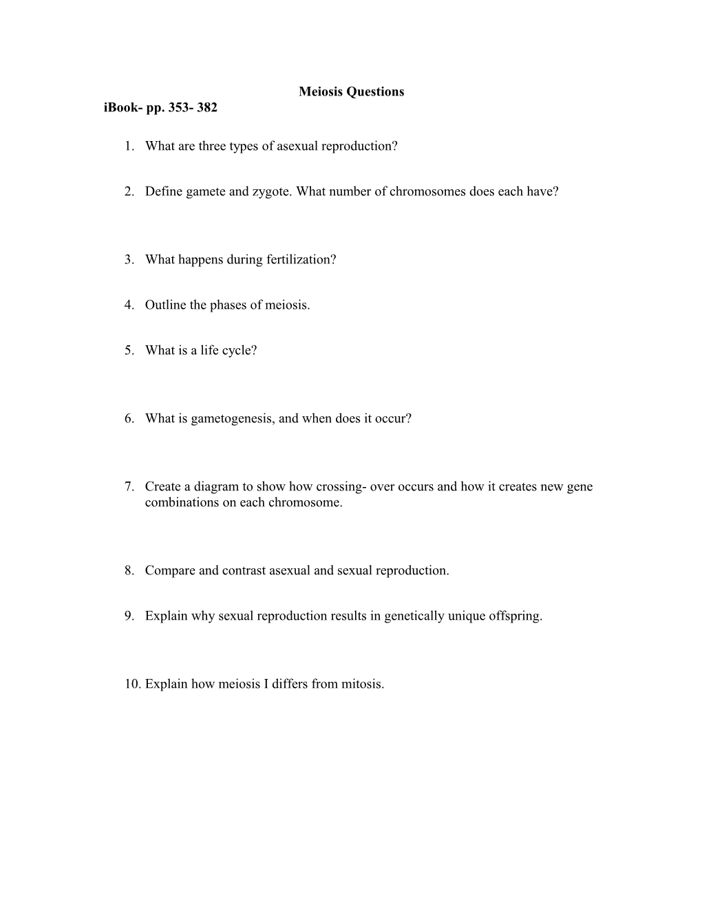 Meiosis Questions