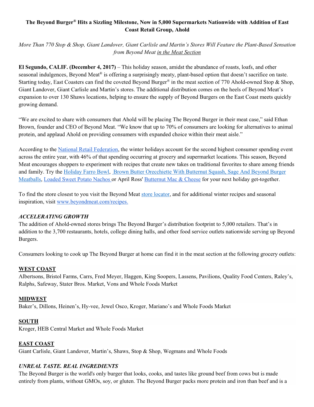 The Beyond Burger® Hits a Sizzling Milestone, Now in 5,000 Supermarkets Nationwide with Addition of East Coast Retail Group, Ahold