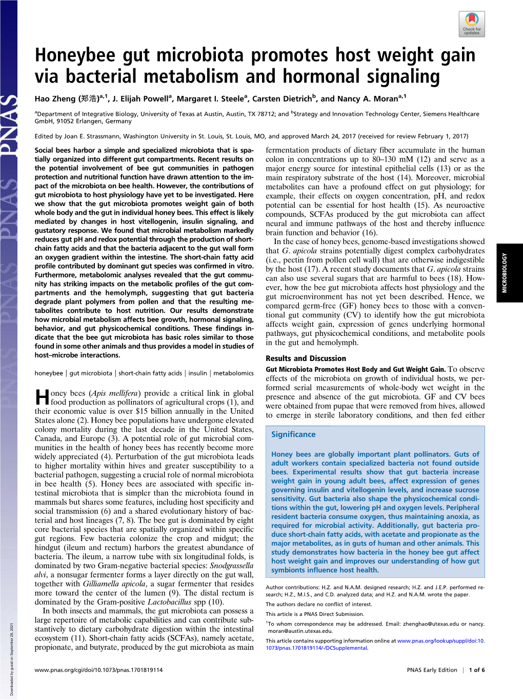 Honeybee Gut Microbiota Promotes Host Weight Gain Via Bacterial Metabolism and Hormonal Signaling