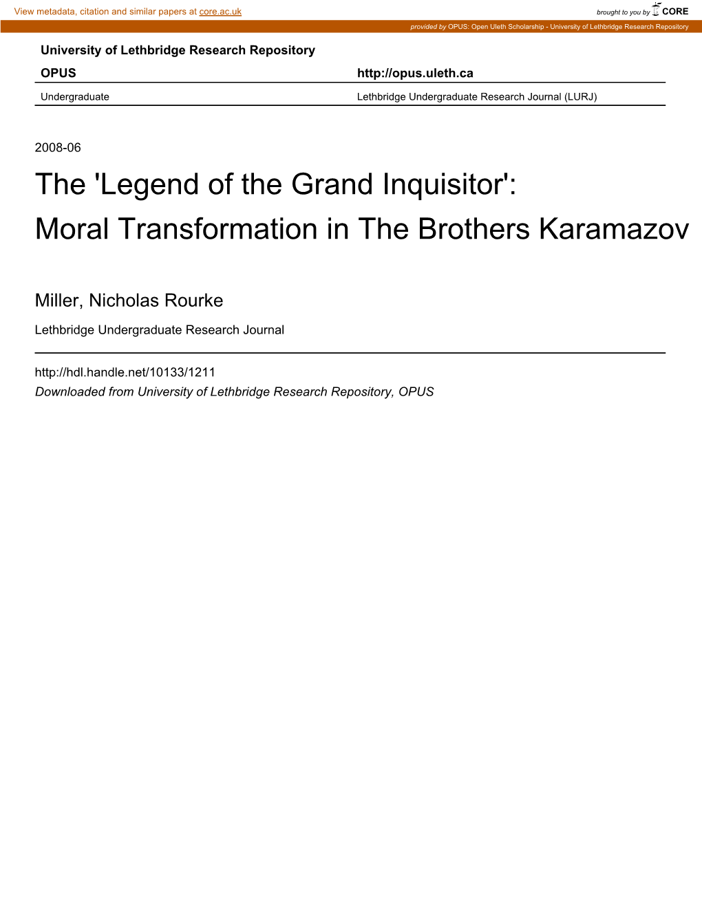 Legend of the Grand Inquisitor': Moral Transformation in the Brothers Karamazov