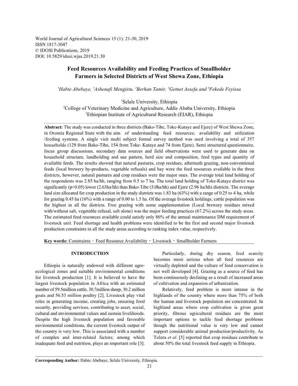Feed Resources Availability and Feeding Practices of Smallholder Farmers in Selected Districts of West Shewa Zone, Ethiopia