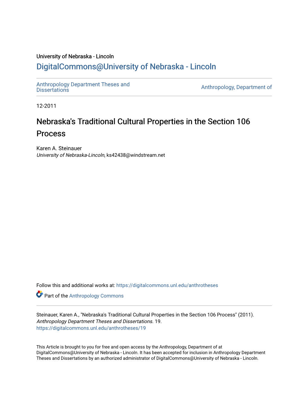 Nebraska's Traditional Cultural Properties in the Section 106 Process