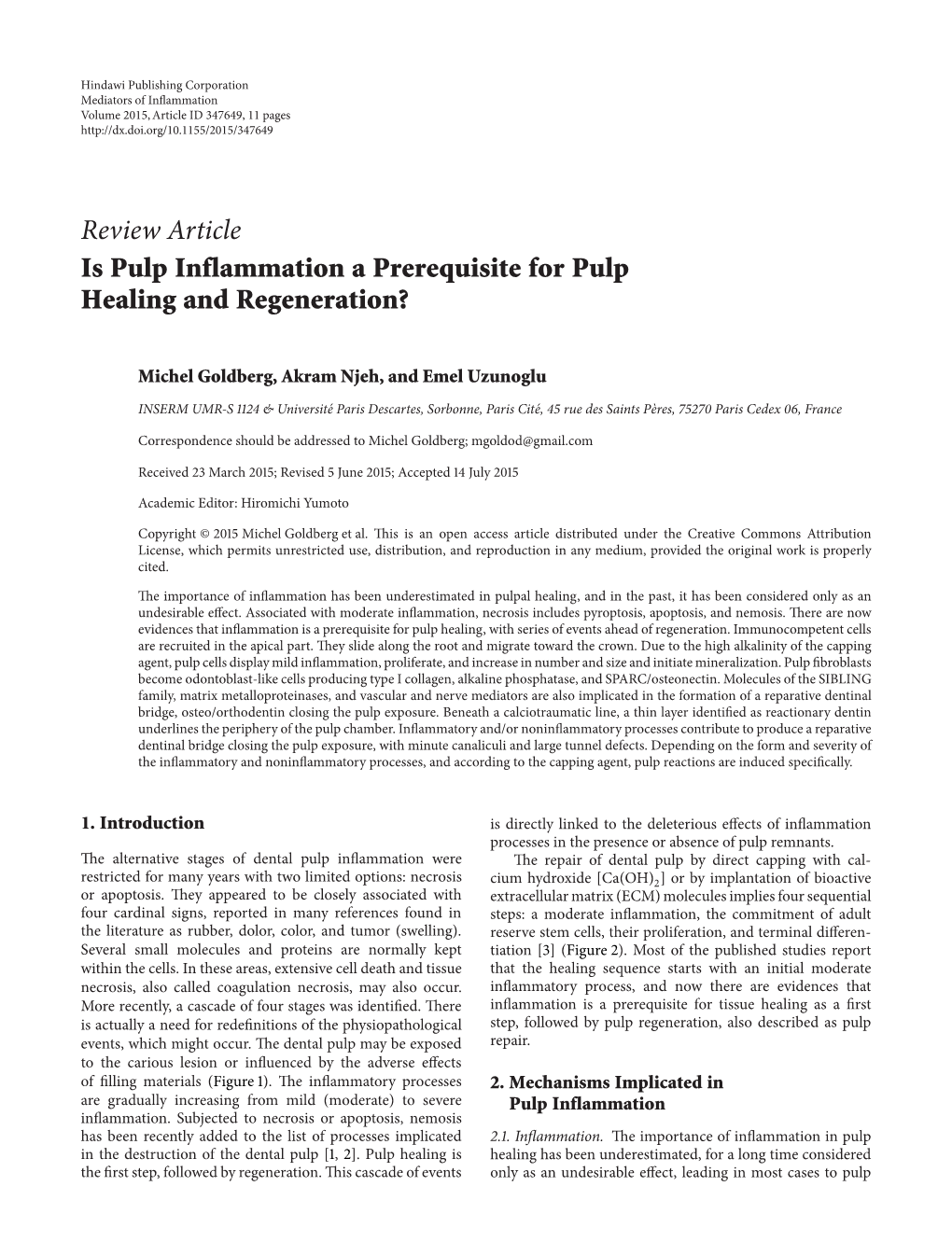 Review Article Is Pulp Inflammation a Prerequisite for Pulp Healing and Regeneration?