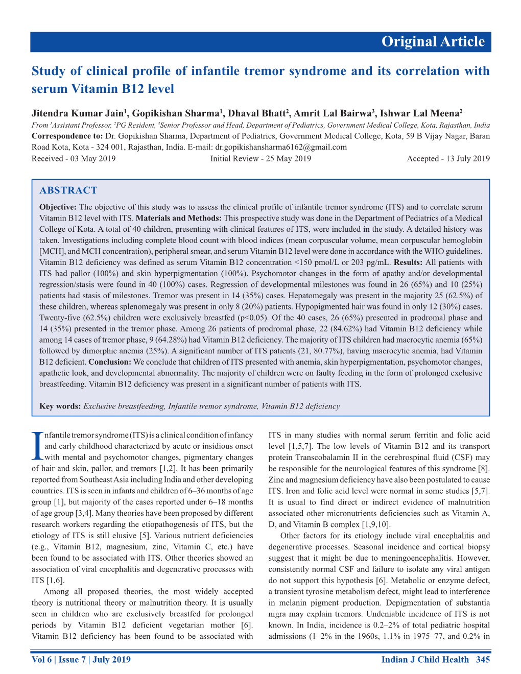 Original Article Study of Clinical Profile of Infantile Tremor Syndrome and Its Correlation with Serum Vitamin B12 Level