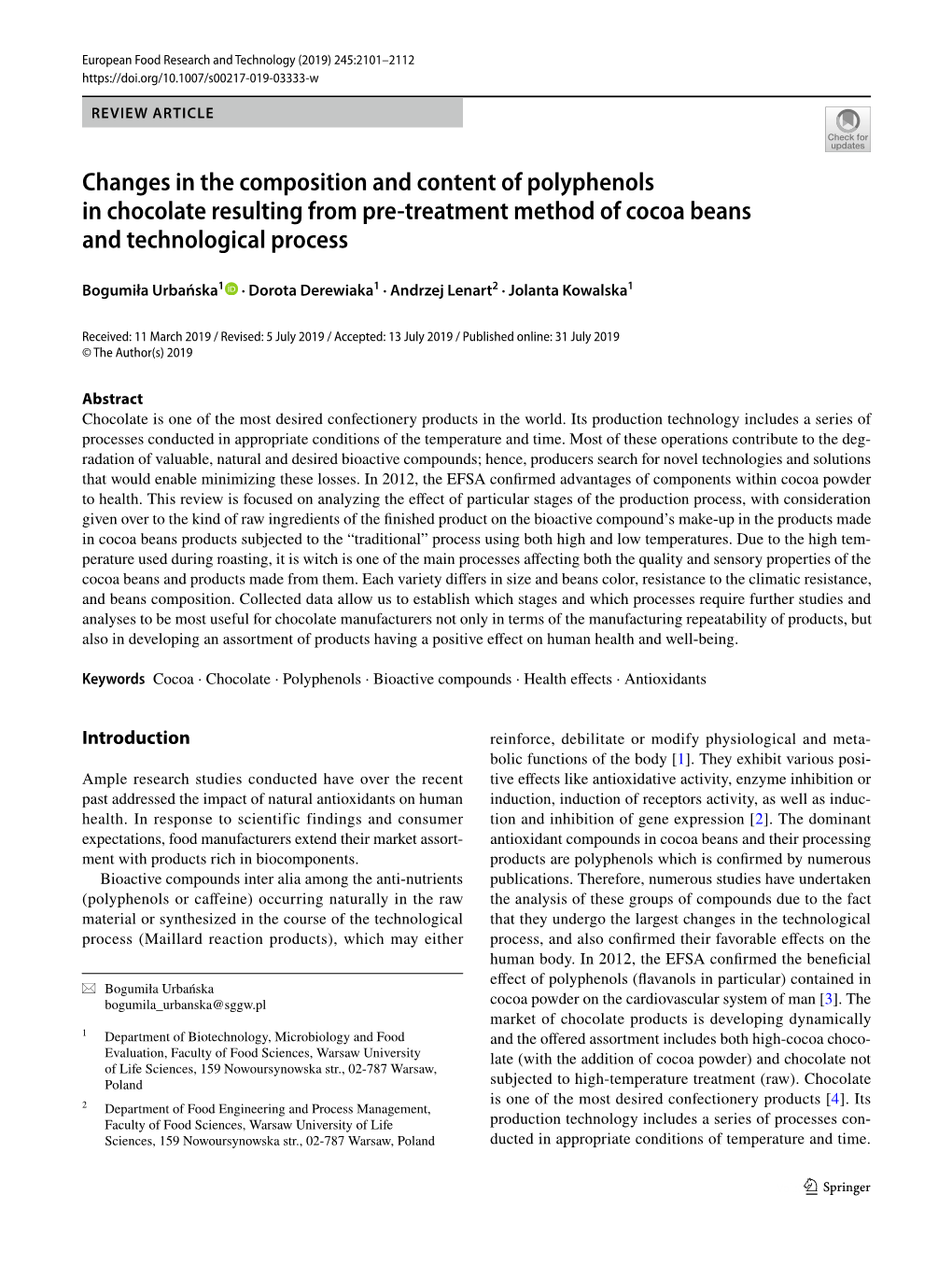 Changes in the Composition and Content of Polyphenols in Chocolate Resulting from Pre‑Treatment Method of Cocoa Beans and Technological Process