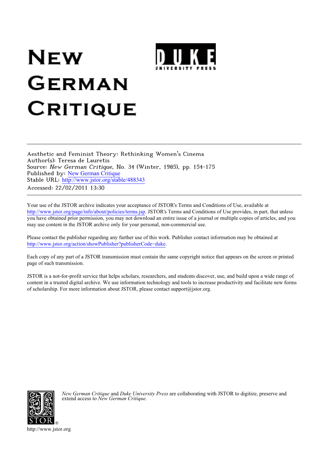 Aesthetic and Feminist Theory: Rethinking Women's Cinema Author(S): Teresa De Lauretis Source: New German Critique, No