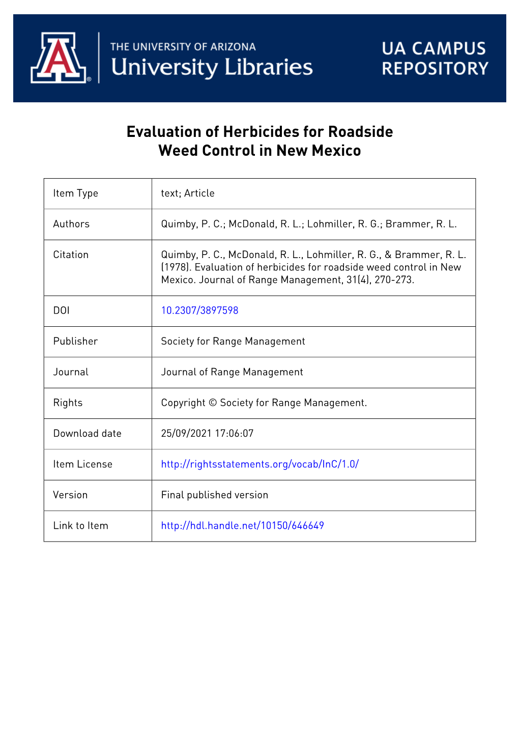 Evaluation of Herbicides for Roadside Weed Control in New Mexico