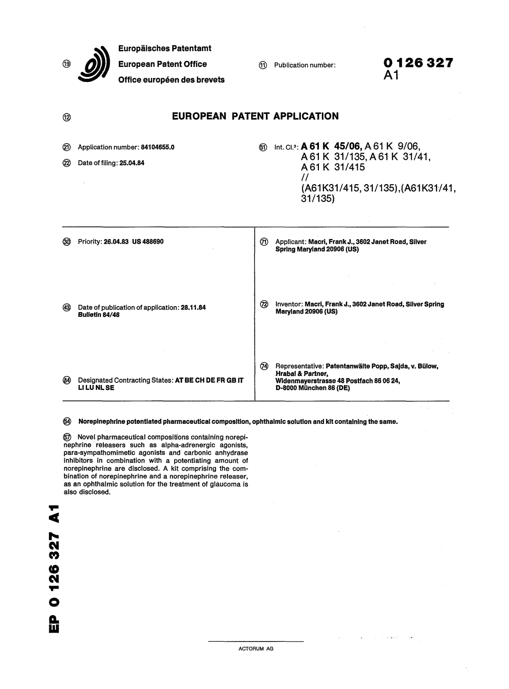 Norepinephrine Potentiated Pharmaceutical Composition, Ophthalmic Solution and Kit Containing the Same